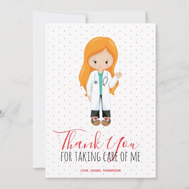 Medic Ginger Female doctor Red Script Polka Dot Thank You Card (Front)