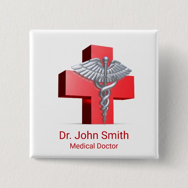 Medical 3D Caduceus Cross Red Silver 2 Inch Square Button (Front)