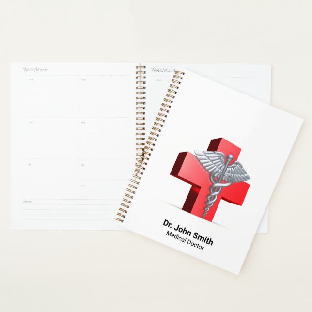 Medical 3D Caduceus Silver Cross Red Planner (Display)