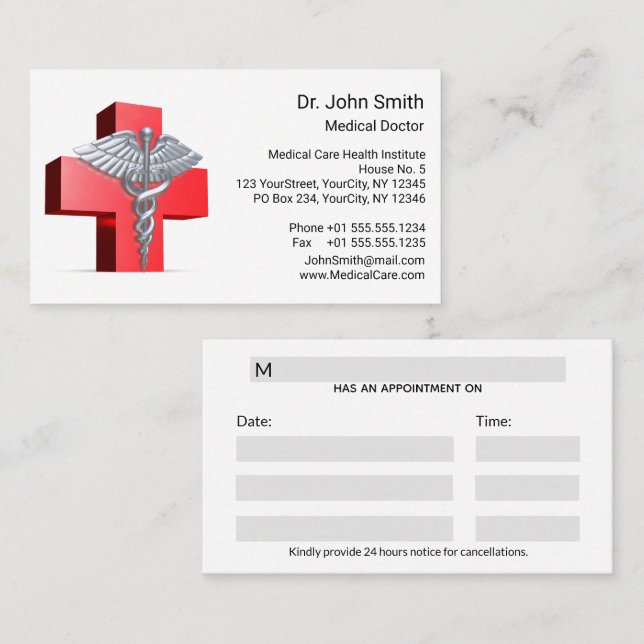 Medical 3D Silver Caduceus Cross Red Appointment Card (Front/Back)