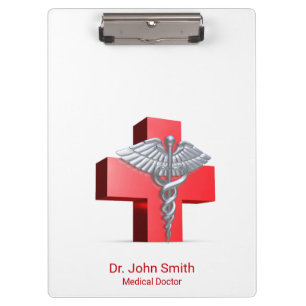 Medical 3D Silver Caduceus Cross Red Clipboard