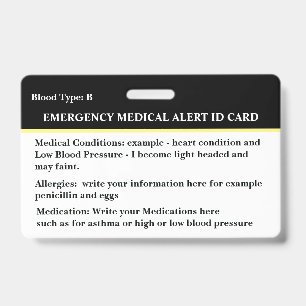 Medical Alert Emergency Contact ID Card Custom  Badge