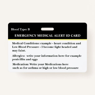 Medical Alert Emergency Contact ID Card Custom  Badge