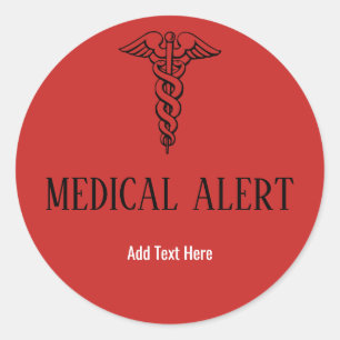 Medical Alert Red Caduceus Symbol Custom Text Classic Round Sticker