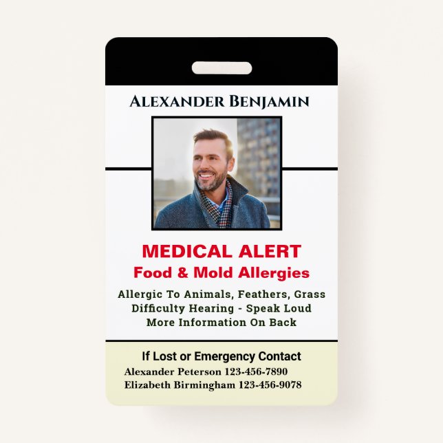 Medical Allergy Alert Emergency ID Photo Custom   Badge (Front)