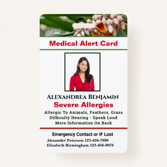 Medical Allergy Alert Emergency Photo Custom ID Ba Badge (Front)