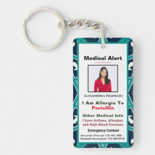 Medical Allergy Emergency Alert ID Contact Custom Keychain