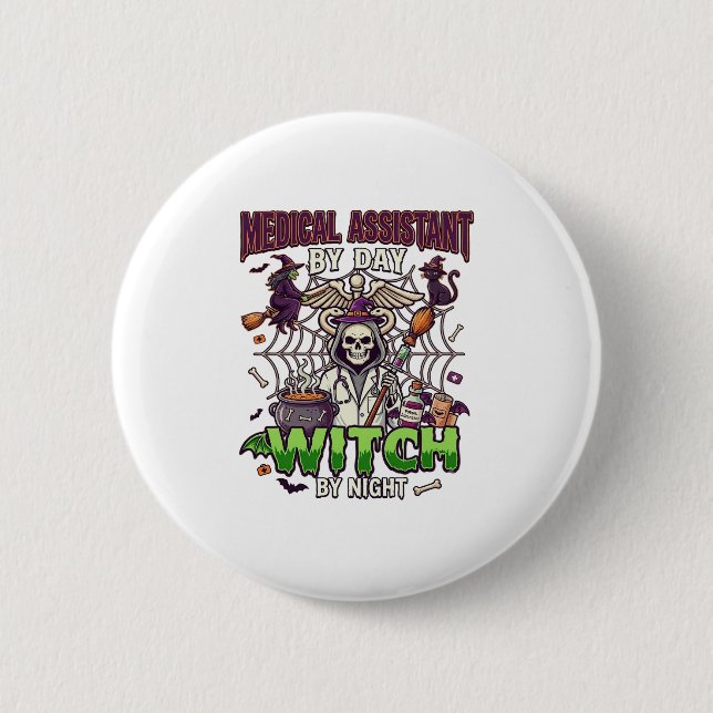 Medical Assistant Witch Skeleton Syringe Cauldron  2 Inch Round Button (Front)