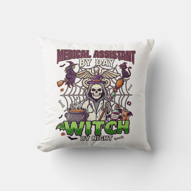 Medical Assistant Witch Skeleton Syringe Cauldron  Throw Pillow (Front)