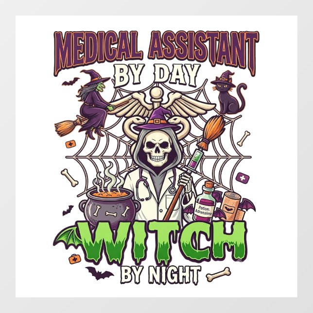 Medical Assistant Witch Skeleton Syringe Cauldron  Window Cling (Sheet)