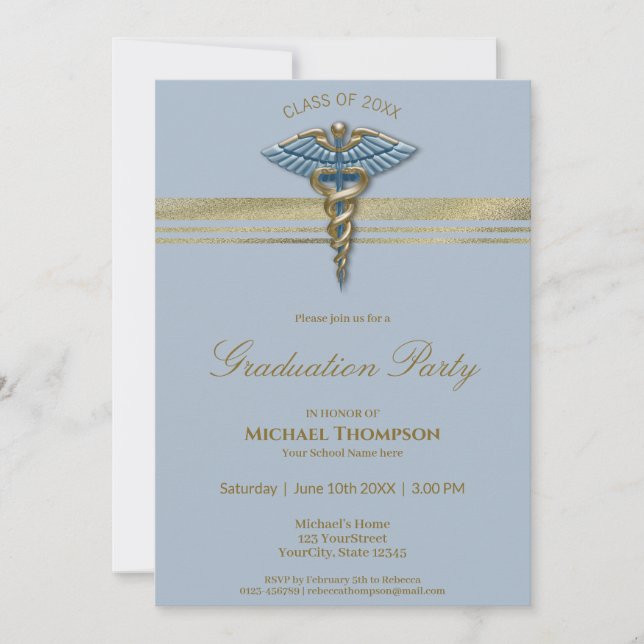 Medical Blue Caduceus Gold Stripes Graduation Invitation (Front)