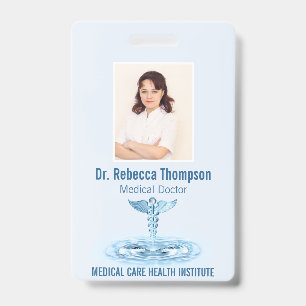 Medical Blue Caduceus Hermes Rod Photo ID Badge