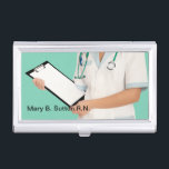 Medical Business Card Case<br><div class="desc">Medical theme business card cases including graphic image of a Registered Nurse holding a clipboard. Designed to hold your business cards and protect them in style for a doctor, nurse medical or healthcare professional.</div>