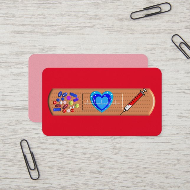 Medical Business Cards Big Bandaid Red (Front/Back In Situ)