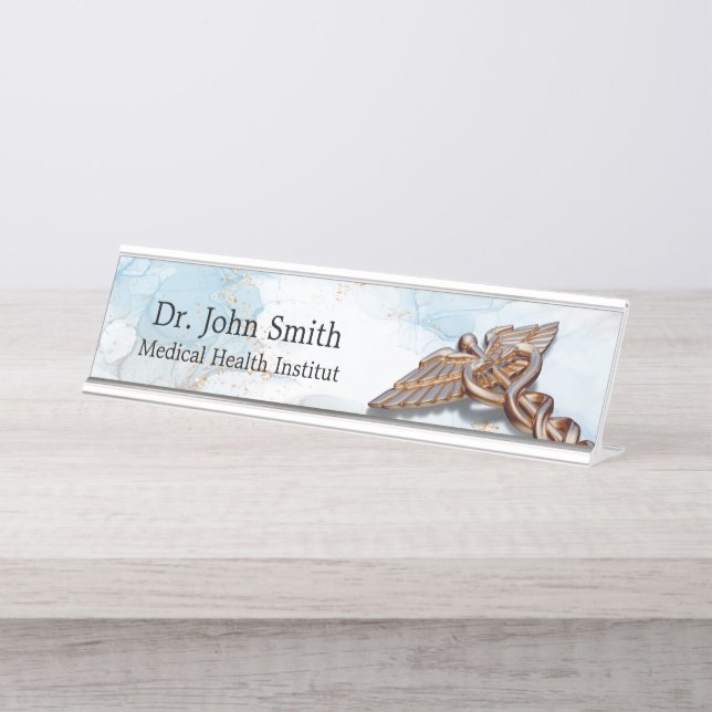 Medical Caduceus Copper Luxury Marble Rose Gold Desk Name Plate (Front)