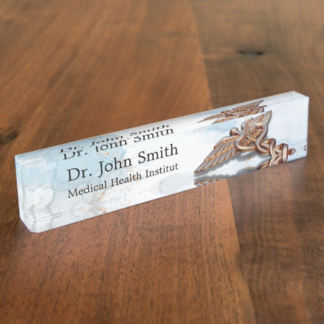 Medical Caduceus Copper Luxury Rose Gold Marble Nameplate (Side)