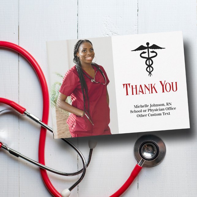 Medical Caduceus Custom Doctor or Nurse Photo Thank You Card (Creator Uploaded)