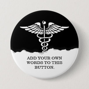 Medical Caduceus Custom Text Solid Black 3 Inch Round Button
