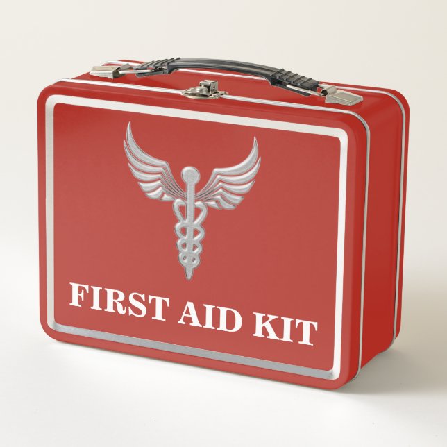 Medical caduceus first aid kit emergency home metal lunch box (Front)