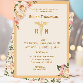 Medical  Caduceus Floral Grad Party Invitation