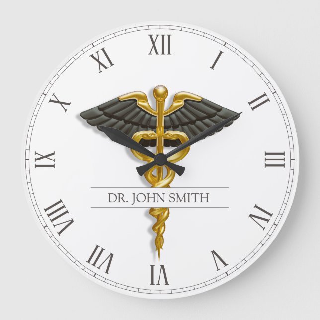 Medical Caduceus Gold Black Wings Elegant Classy Large Clock (Front)