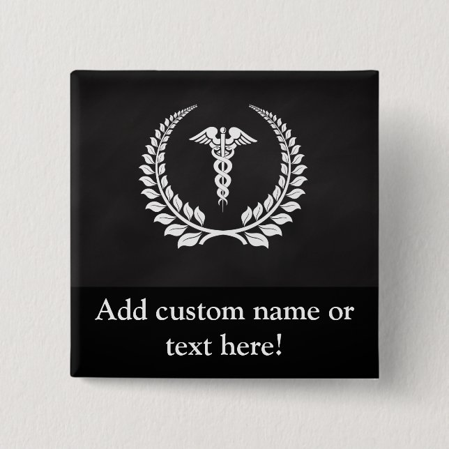 Medical Caduceus Laurel 2 Inch Square Button (Front)