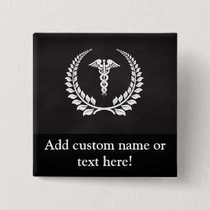 Medical Caduceus Laurel 2 Inch Square Button