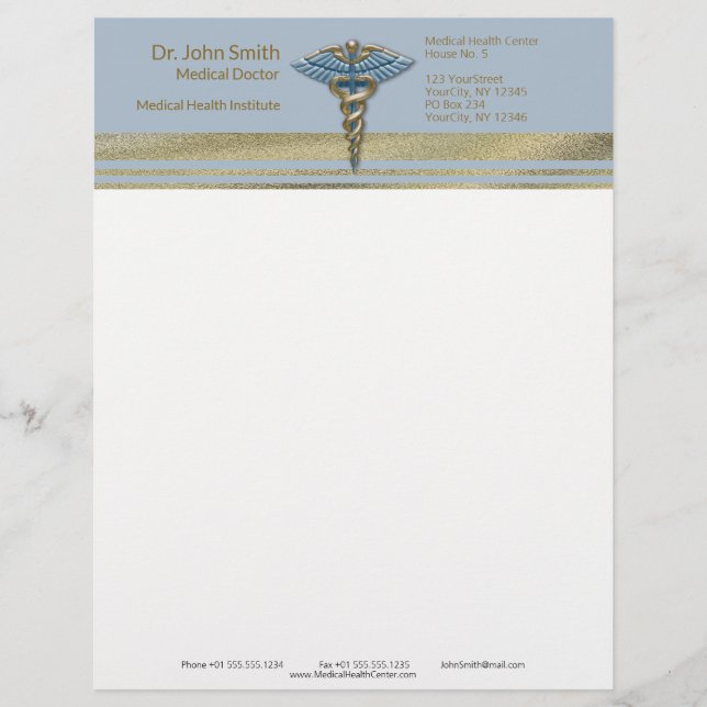 Medical Caduceus Light Blue Faux Gold Foil Stripes Letterhead (Front)