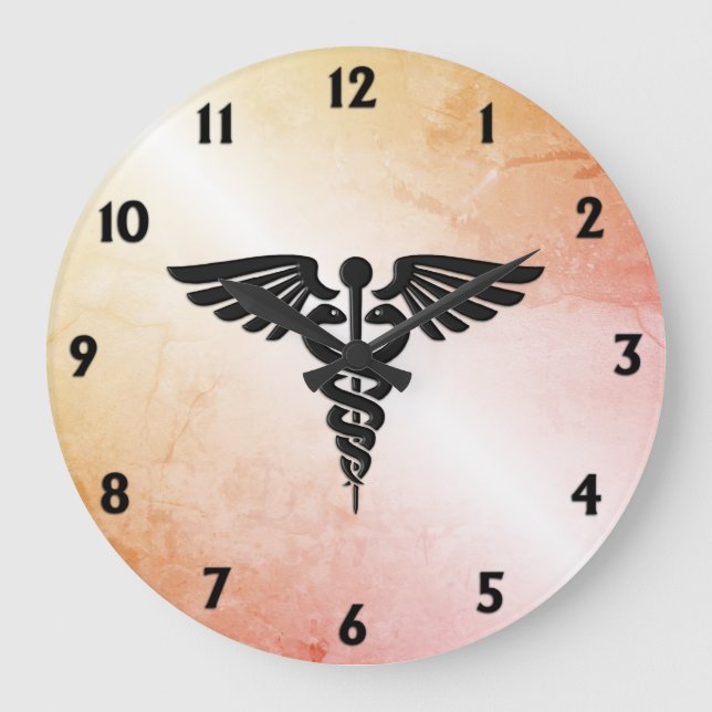 Medical Caduceus Look of Rustic Marble Large Clock (Front)