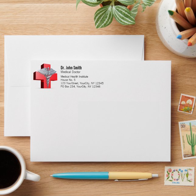 Medical Caduceus Silver 3D Cross Red Envelope (Desk)