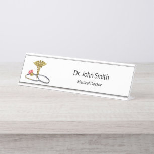 Medical Caduceus & Stethoscope with Heart Gold Desk Name Plate