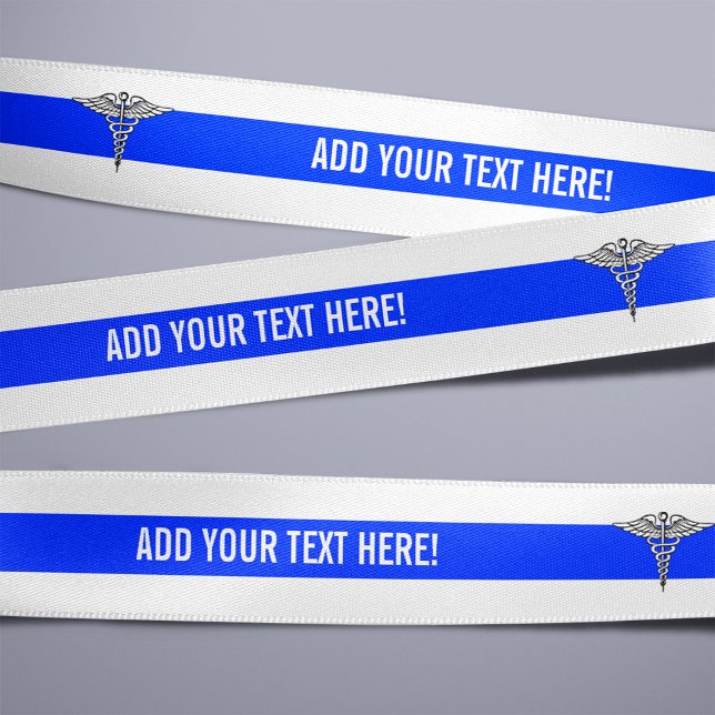 Medical Caduceus Symbol Custom Text Blue Stripe Grosgrain Ribbon (A Medical Caduceus Themed Ribbon)