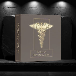 Medical Caduceus Symbol Taupe Brown and Gold Binder