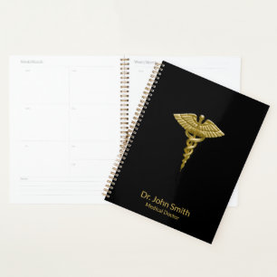 Medical Classy Gold Caduceus on Black Planner