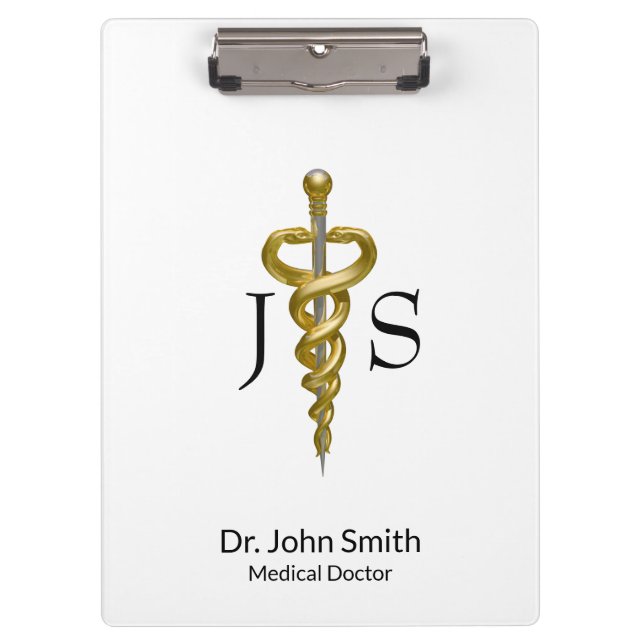Medical Classy Noble Elegant Gold Silver Asclepius Clipboard (Front)