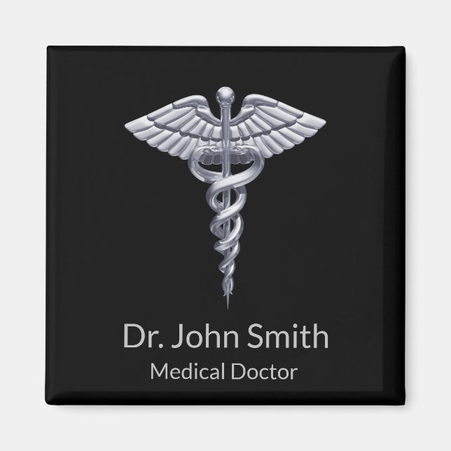 Medical Classy Silver Caduceus on Black Magnet (Front)