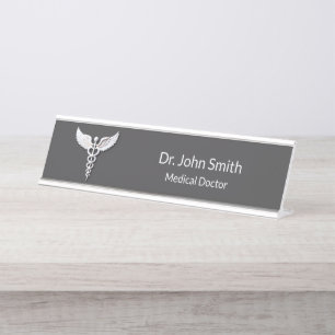 Medical Clean White Detailed Caduceus Anthracite Desk Name Plate