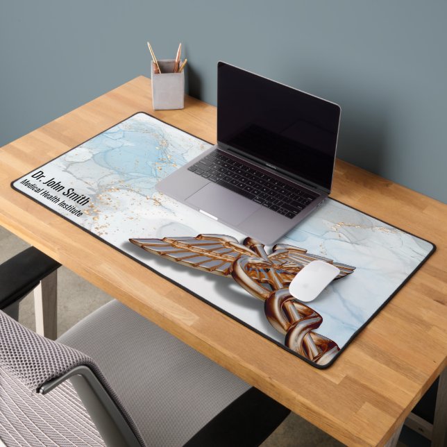 Medical Copper Rose Caduceus Gold Luxury Marble Desk Mat (Office 2)