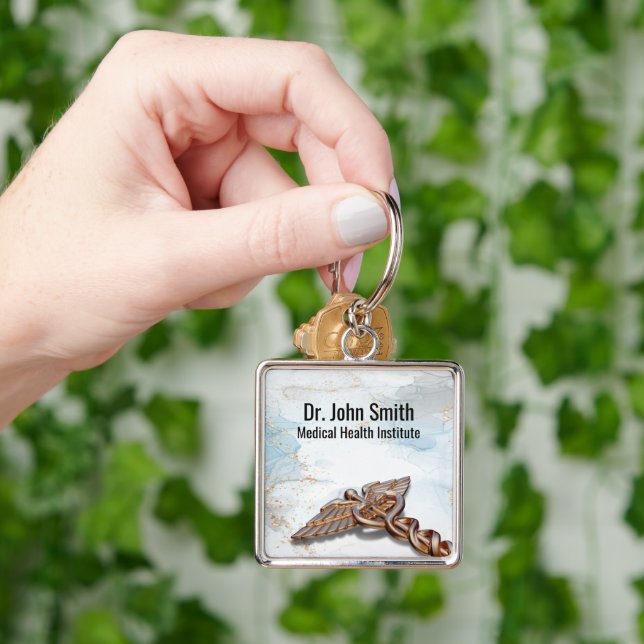 Medical Copper Rose Gold Luxury Marble Caduceus Keychain (Hand)