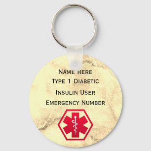 Medical Diabetic Alert Personalized Type 1 or 2 Keychain