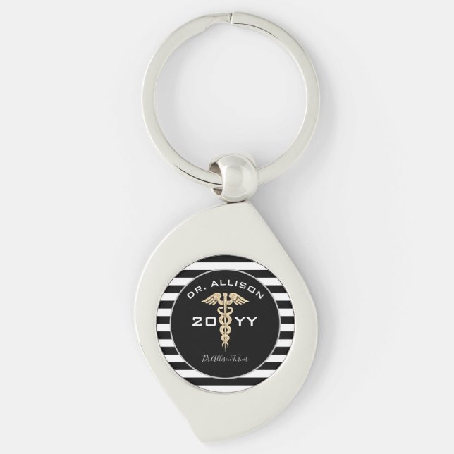 Medical Doctor Caduceus Black Gold Personalized Keychain (Front)