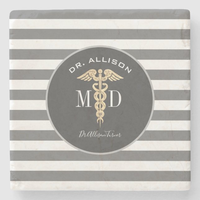 Medical Doctor Caduceus Grey Personalized Stone Coaster (Front)