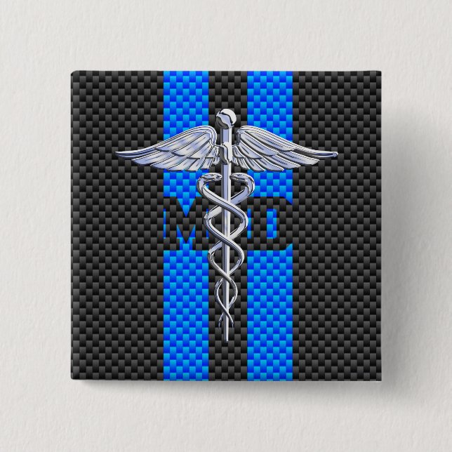 Medical Doctor MD Caduceus Carbon Fibre Stripes 2 Inch Square Button (Front)