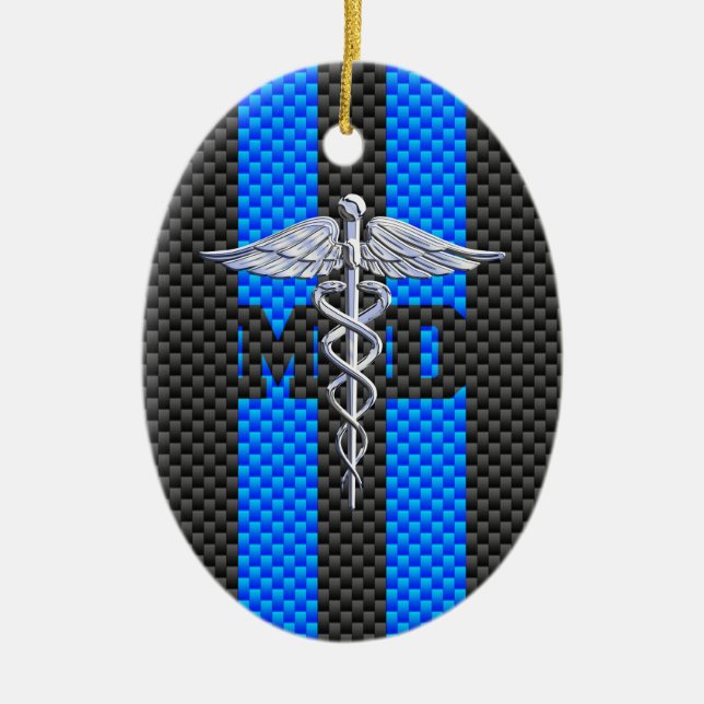 Medical Doctor MD Caduceus Carbon Fibre Stripes Ceramic Ornament (Front)