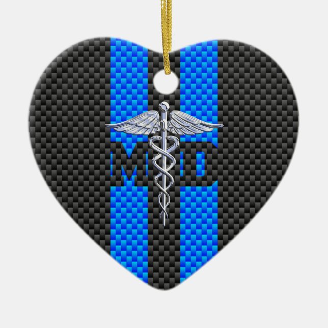 Medical Doctor MD Caduceus Carbon Fibre Stripes Ceramic Ornament (Front)
