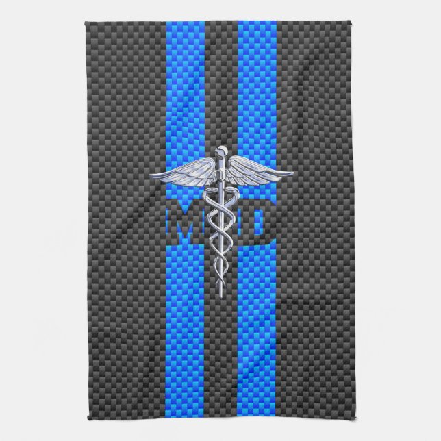 Medical Doctor MD Caduceus Carbon Fibre Stripes Kitchen Towel (Vertical)