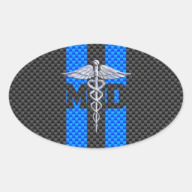 Medical Doctor MD Caduceus Carbon Fibre Stripes Oval Sticker (Front)