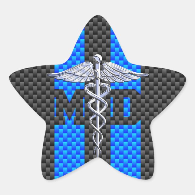 Medical Doctor MD Caduceus Carbon Fibre Stripes Star Sticker (Front)