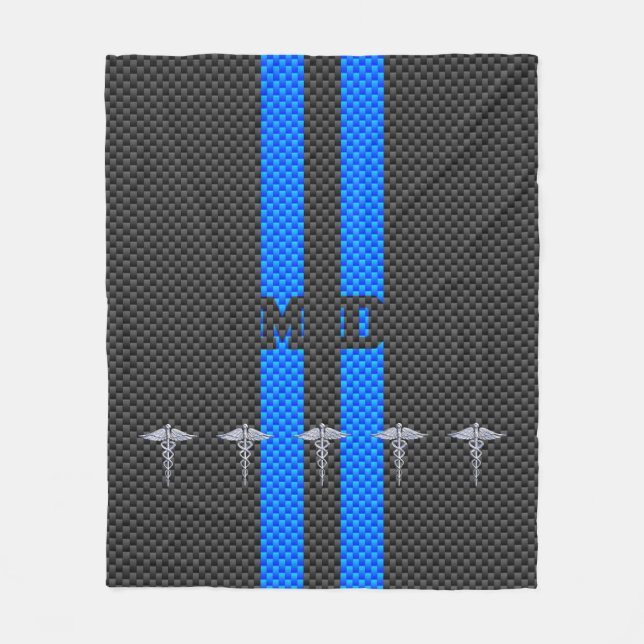 Medical Doctor MD Caduceus on Blue Stripes Fleece Blanket (Front)