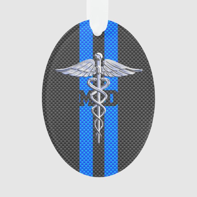 Medical Doctor MD Caduceus on Carbon Fibre Style Ornament (Front)
